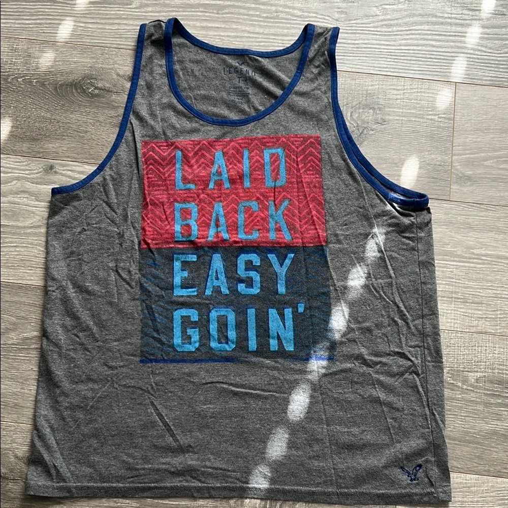 Gray Tank Top with Red and Blue Text